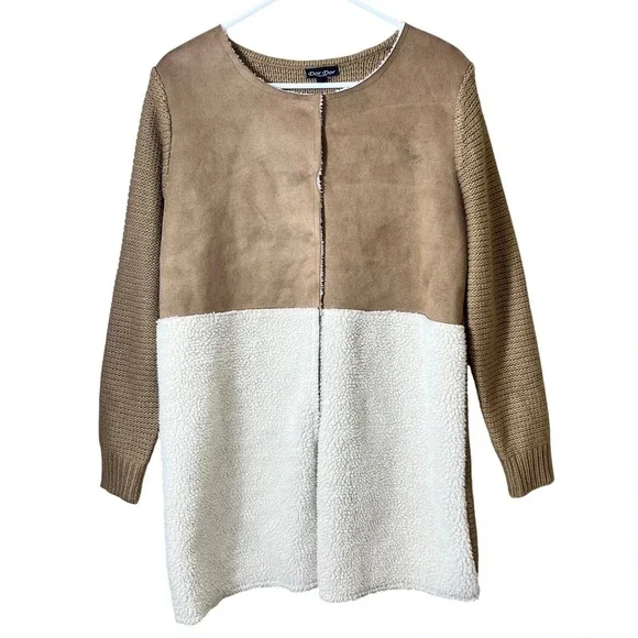 Dor Dor Couture Sherpa Faux Suede Two Tone Snap Front Cardigan Coat Large - Picture 2 of 11